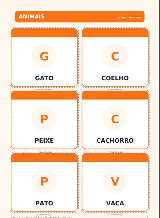 Cartões de Primeiras Palavras com animais: gato, cachorro, coelho, pato, peixe e vaca